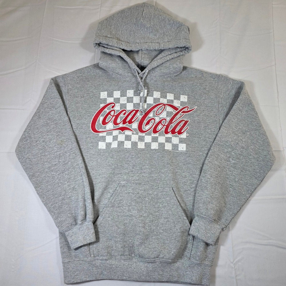 Coca-Cola Mens Graphic Hoodie Heather Gray Checkered Logo Sweatshirt Small